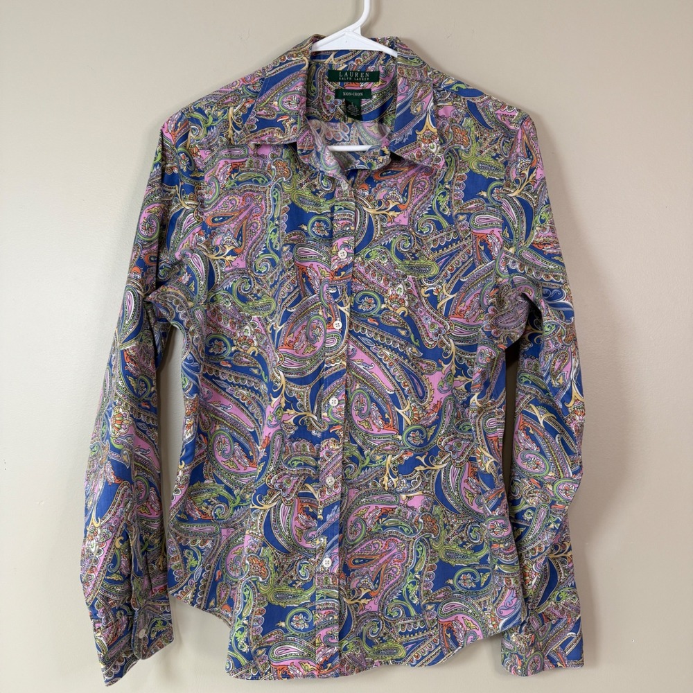 Lauren Ralph Lauren LG Vibrant Paisley Preppy Button Up Spring Business No Iron